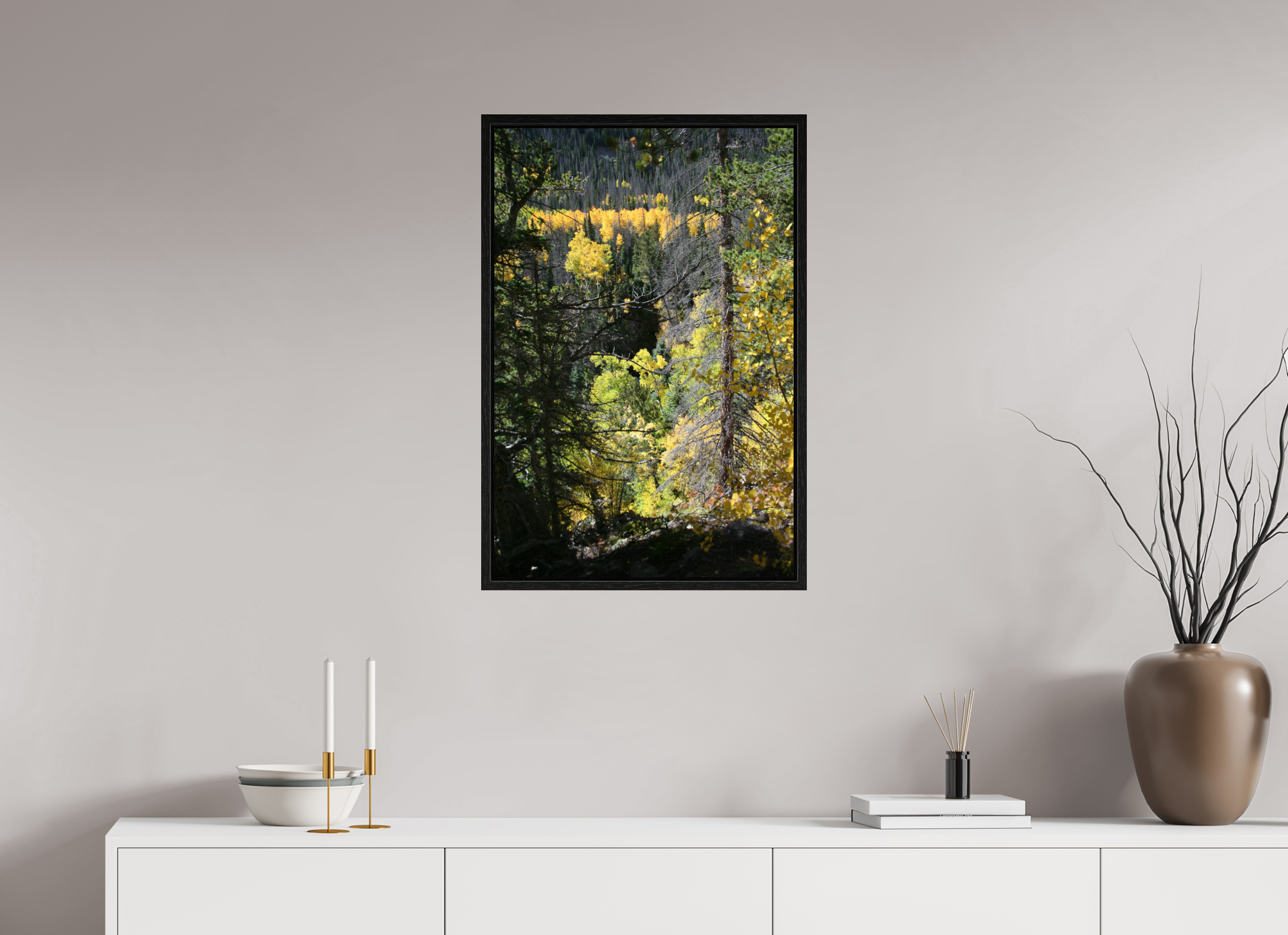 20 x 30″, Floater Frame Mountain Valley in Fall 01 - Vertical