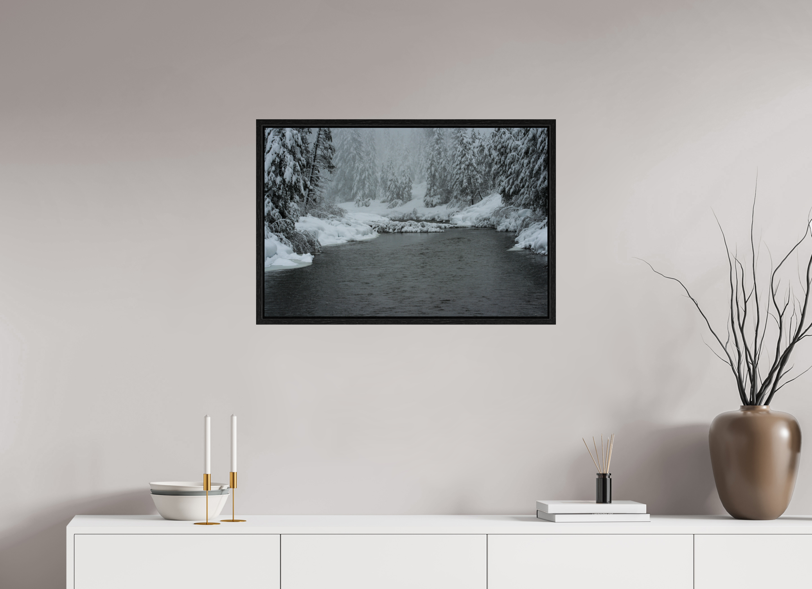 30 x 20″, Floater Frame Winter in Tahoe stream 09