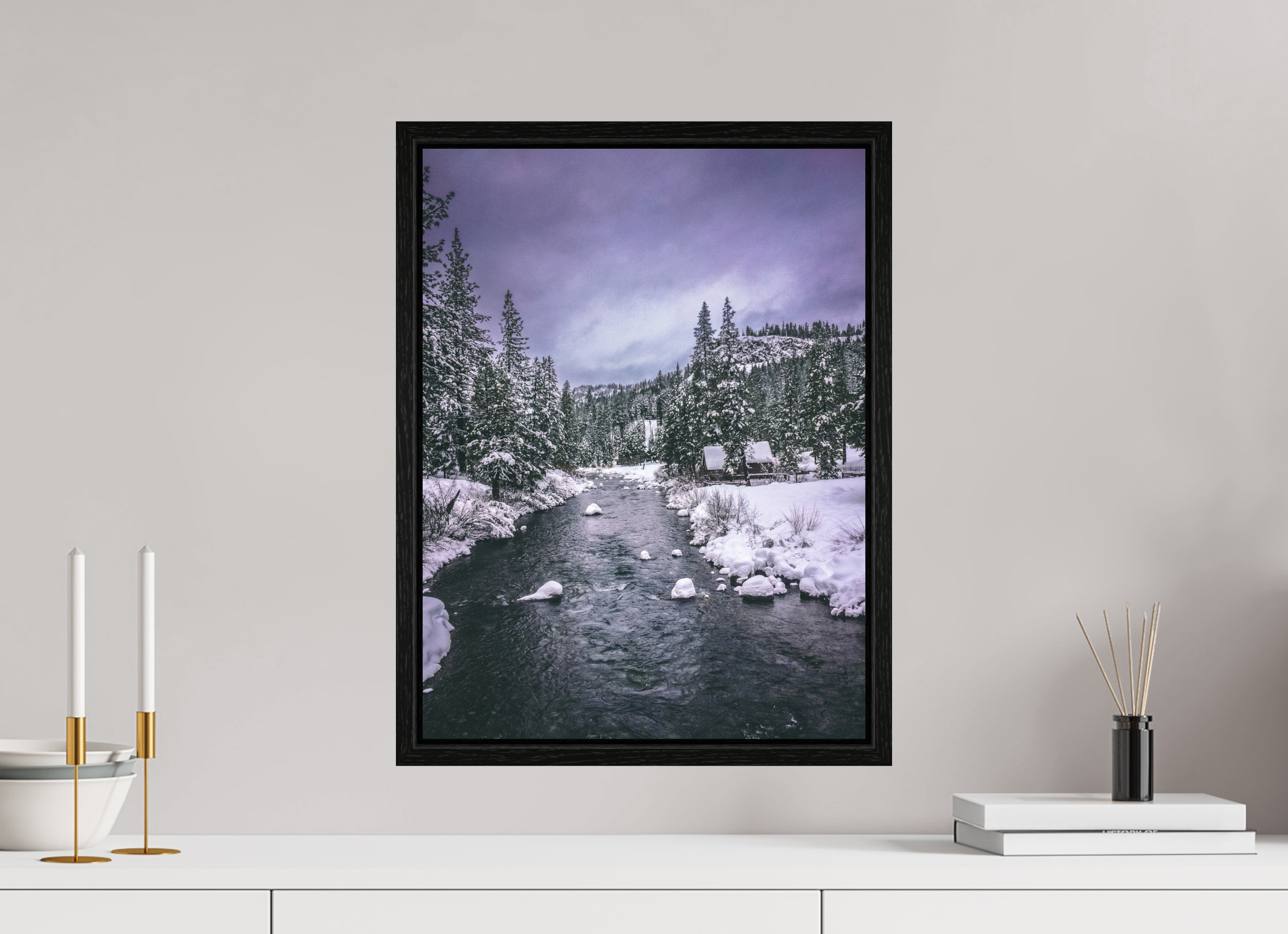 15 x 20″, Floater Frame Winter in Tahoe stream 02