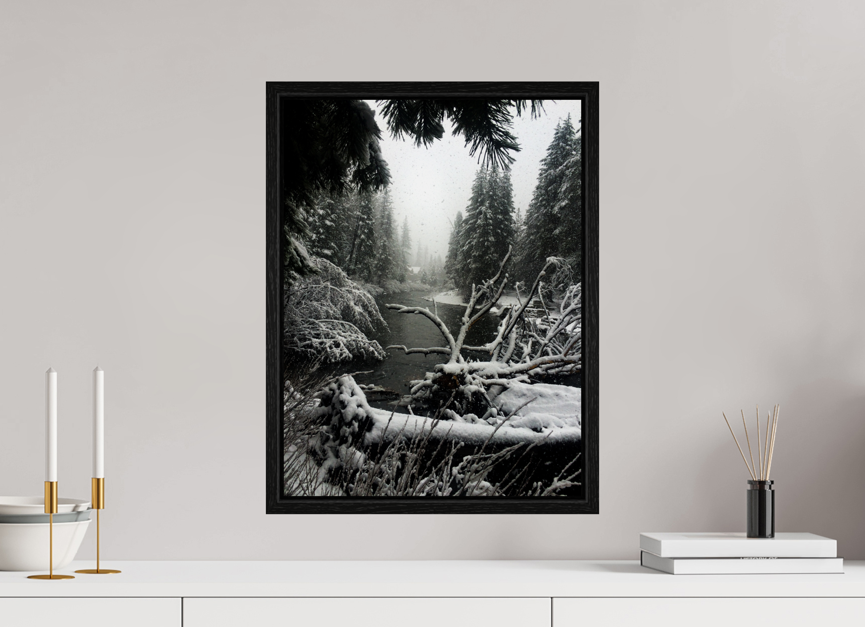 15 x 20″, Floater Frame Winter in Tahoe stream 06