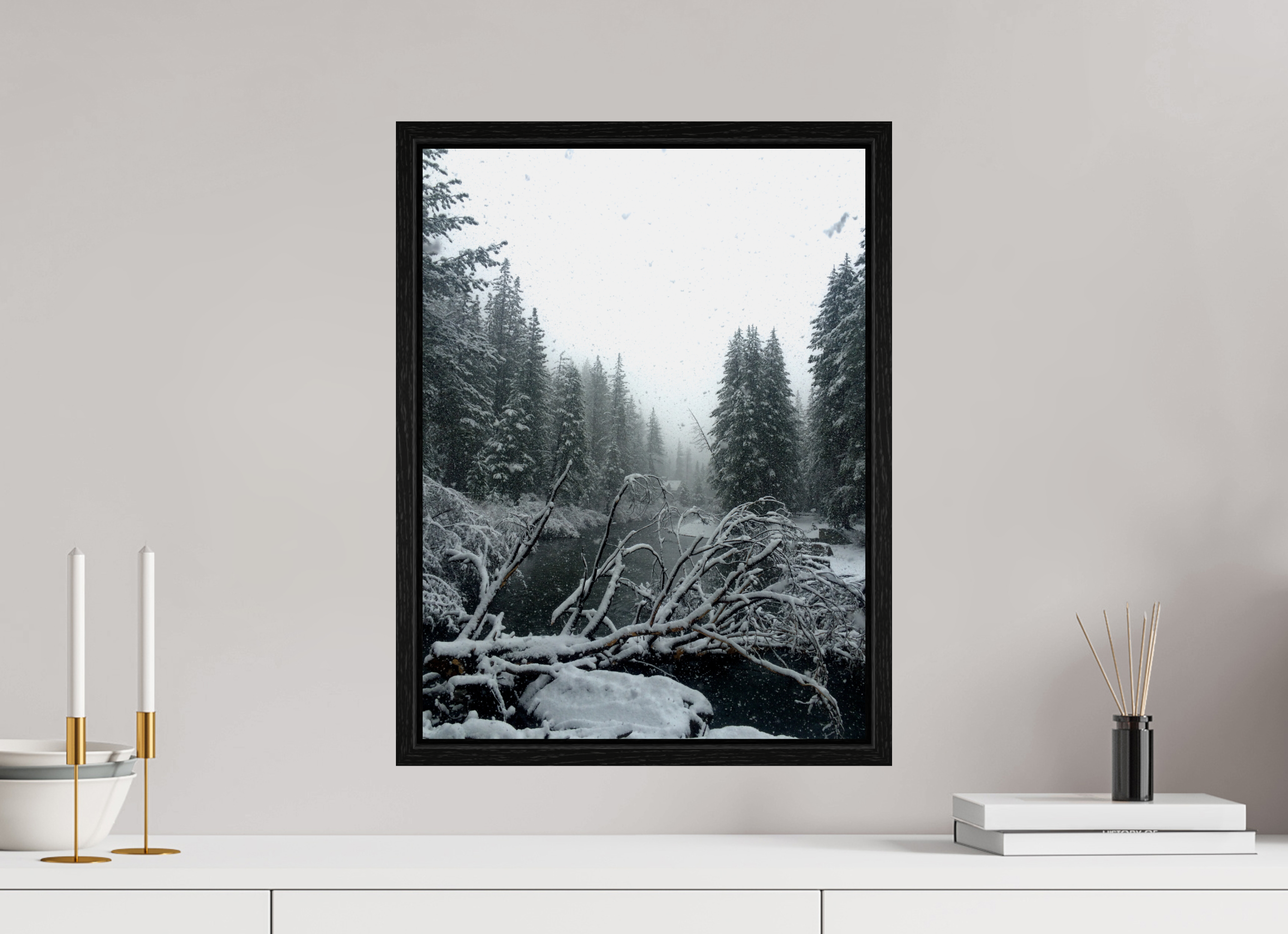 15 x 20″, Floater Frame Winter in Tahoe stream 05