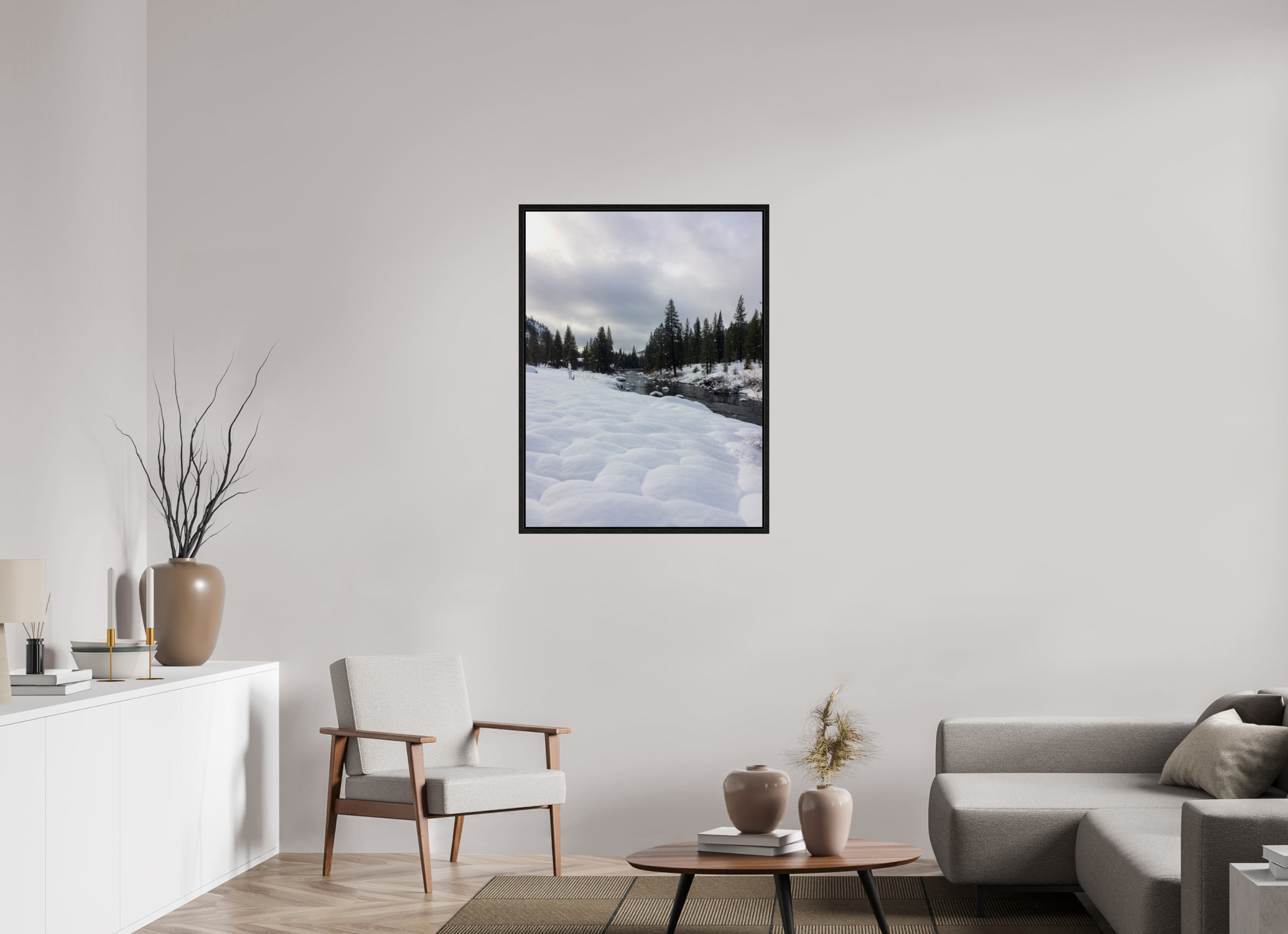 30 x 40″, Floater Frame Winter in Tahoe stream 01