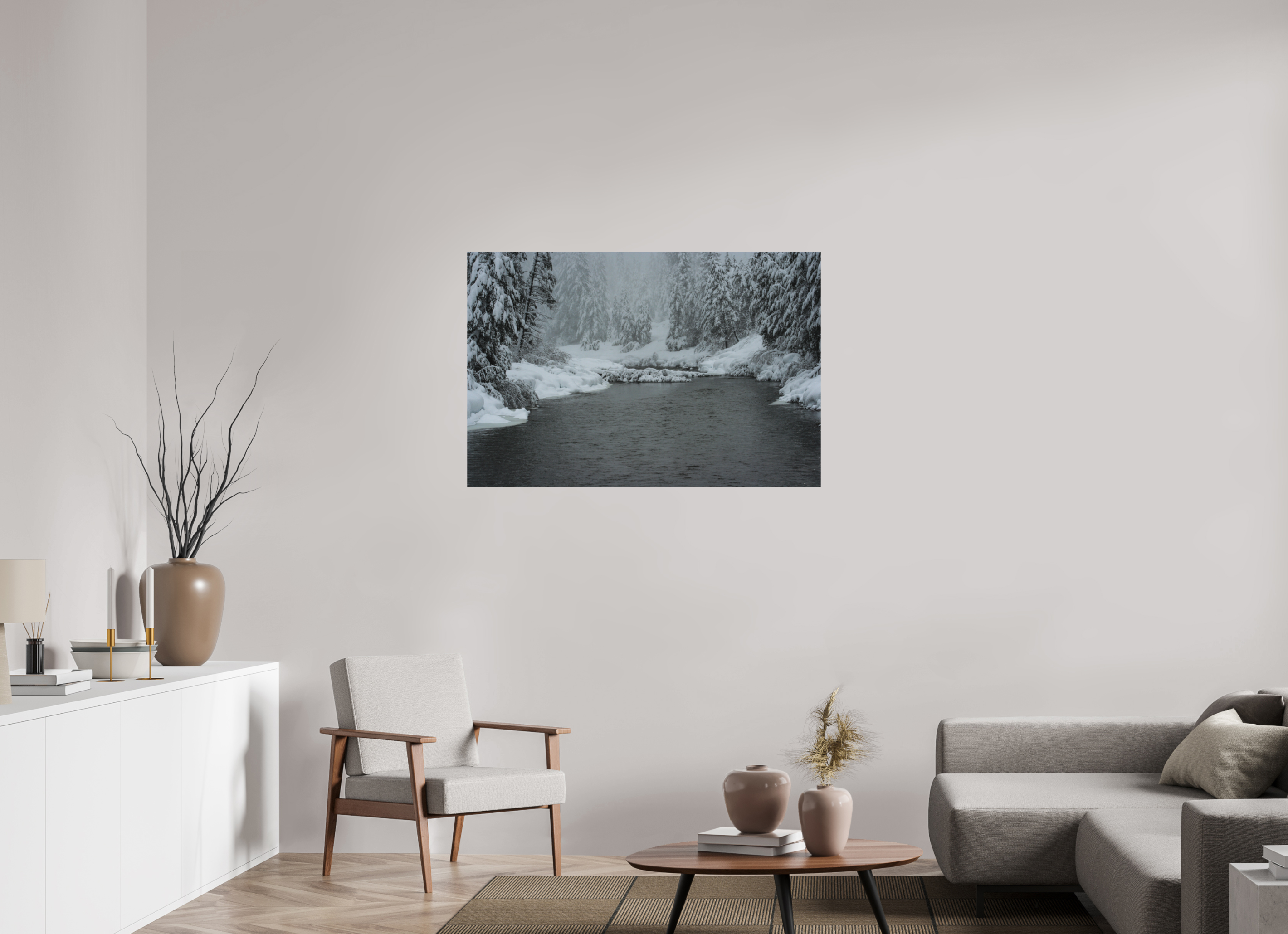 45 x 30″, Direct Print on Aluminum Dibond Winter in Tahoe stream 09