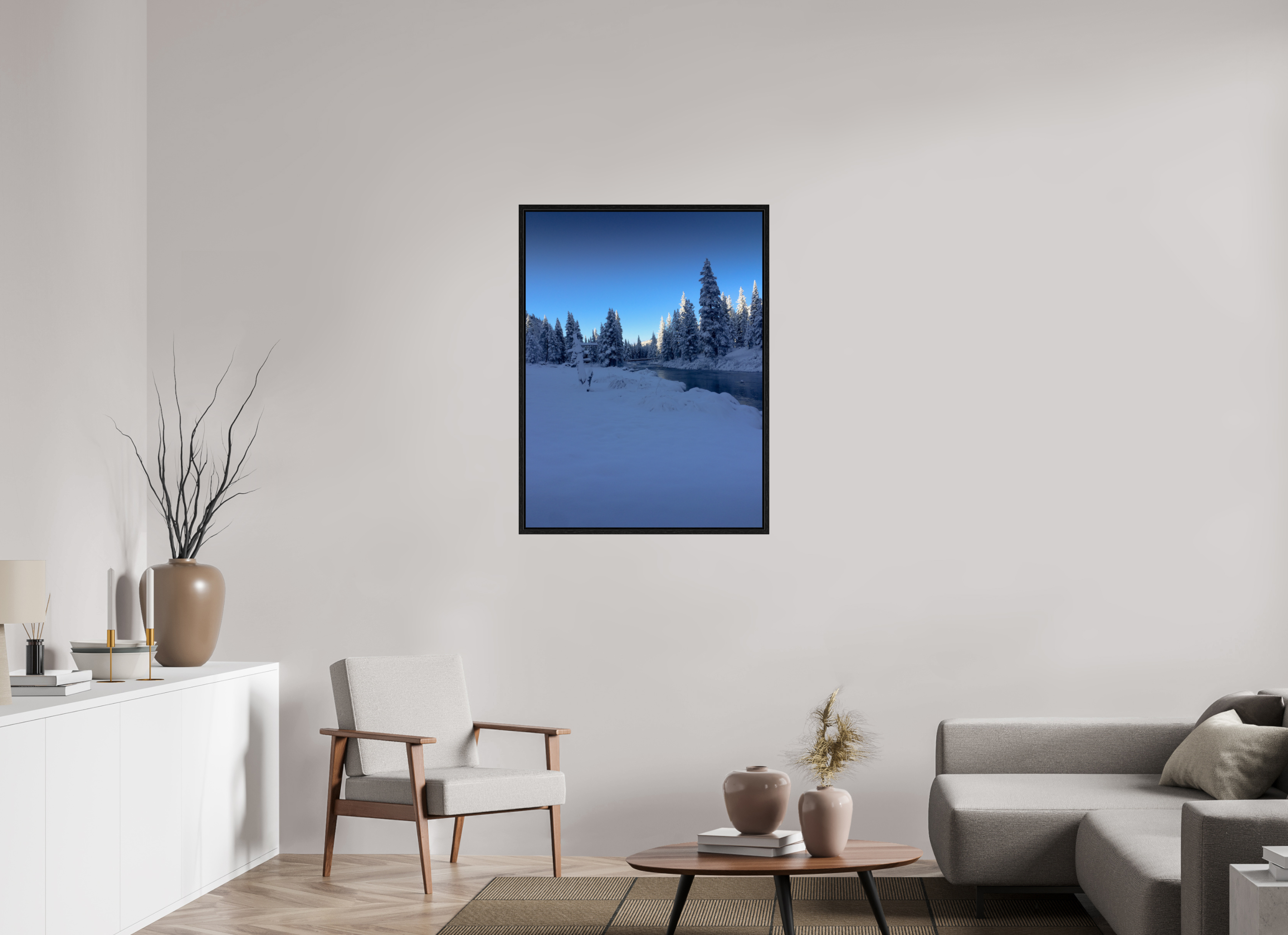30 x 40″, Floater Frame Winter in Tahoe stream 04