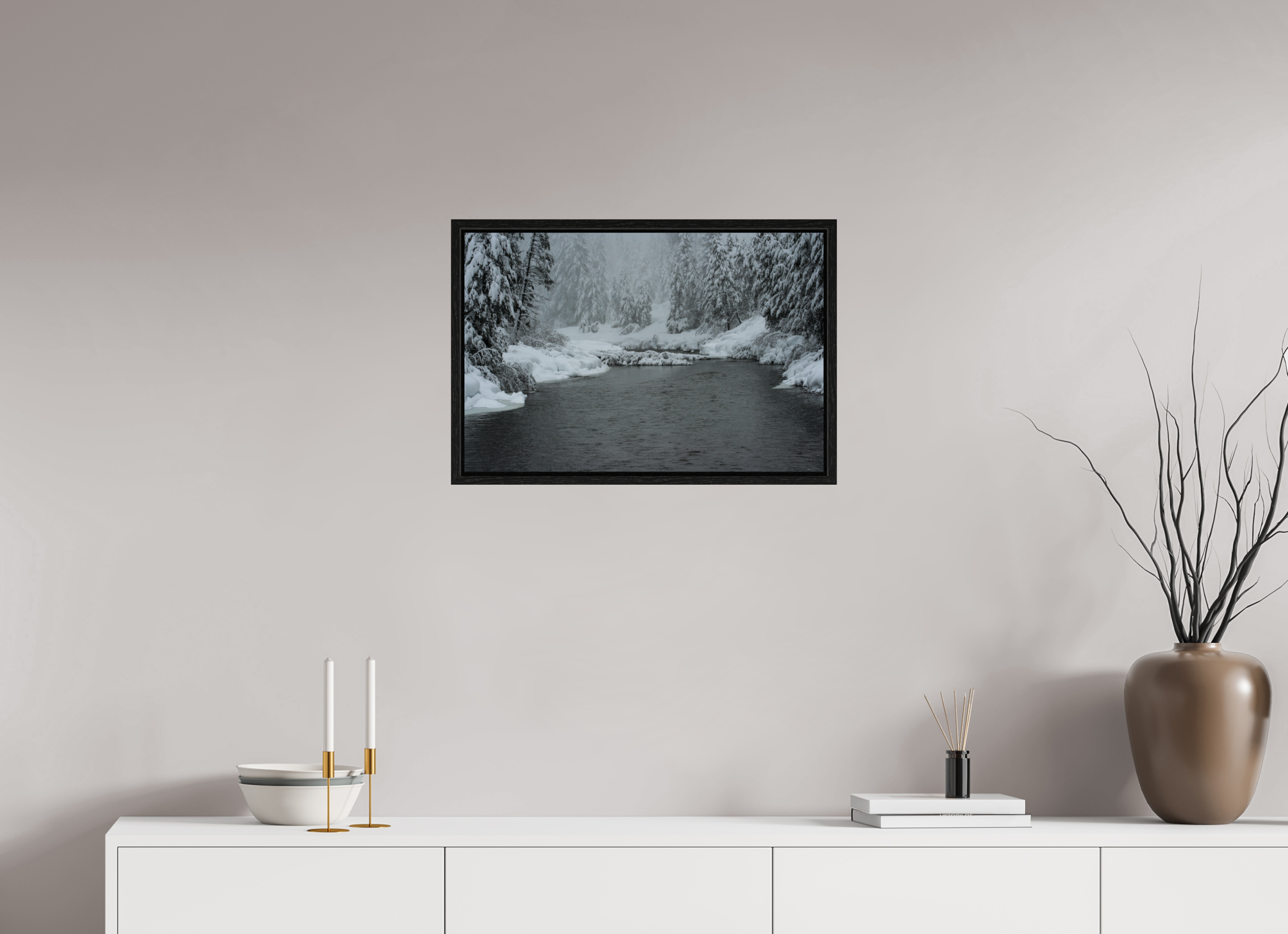 24 x 16″, Floater Frame Winter in Tahoe stream 09