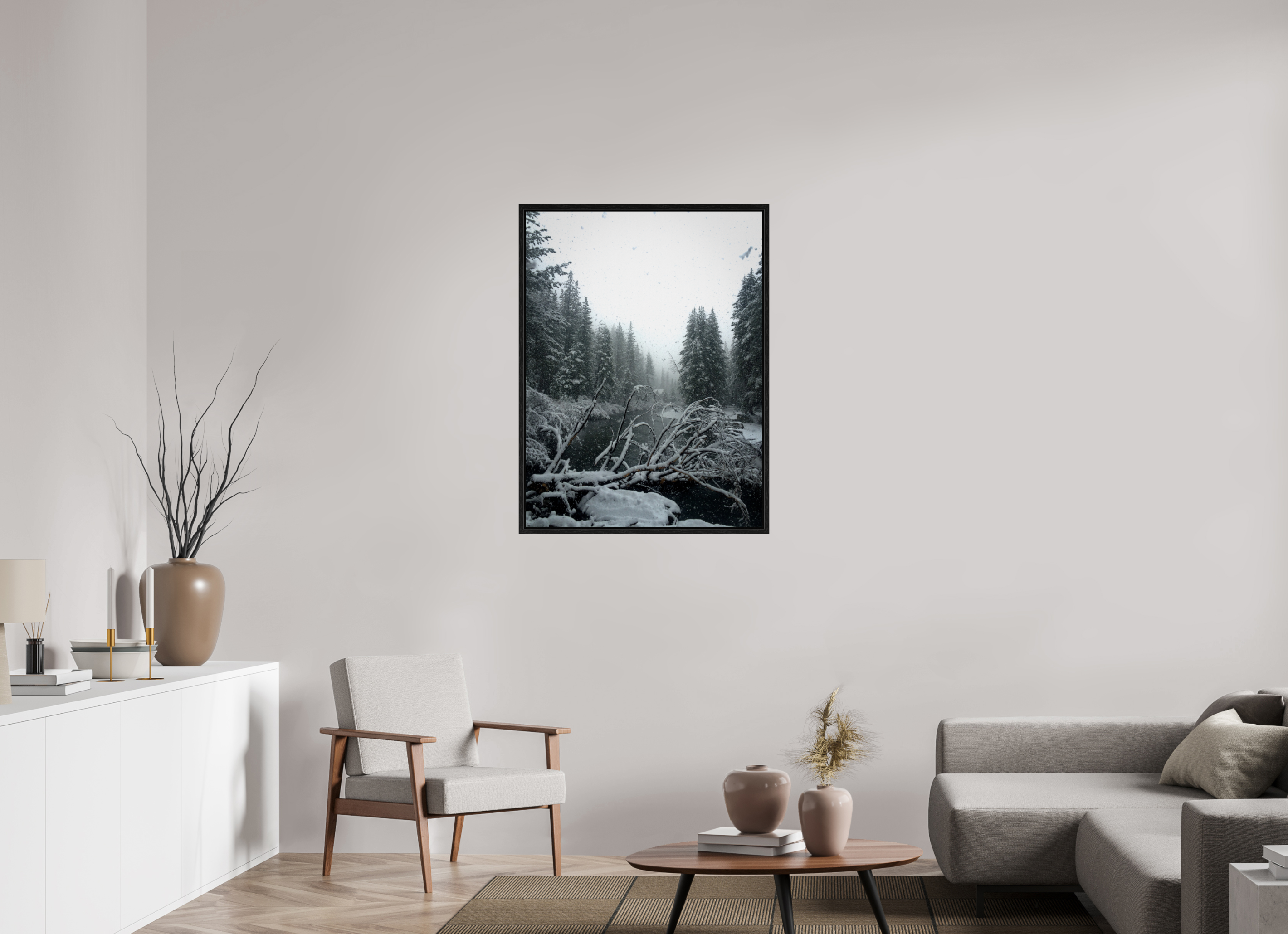 30 x 40″, Floater Frame Winter in Tahoe stream 08