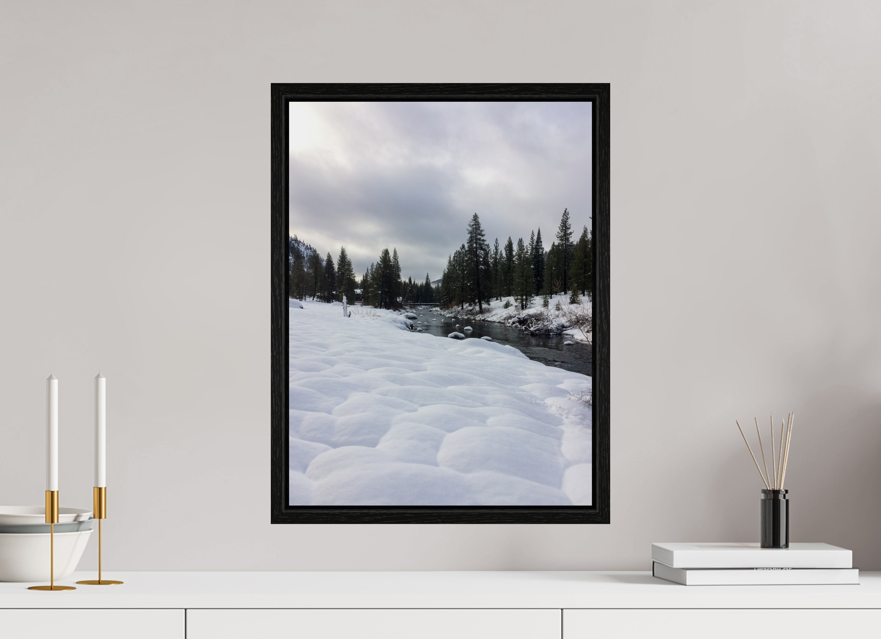 15 x 20″, Floater Frame Winter in Tahoe stream 01