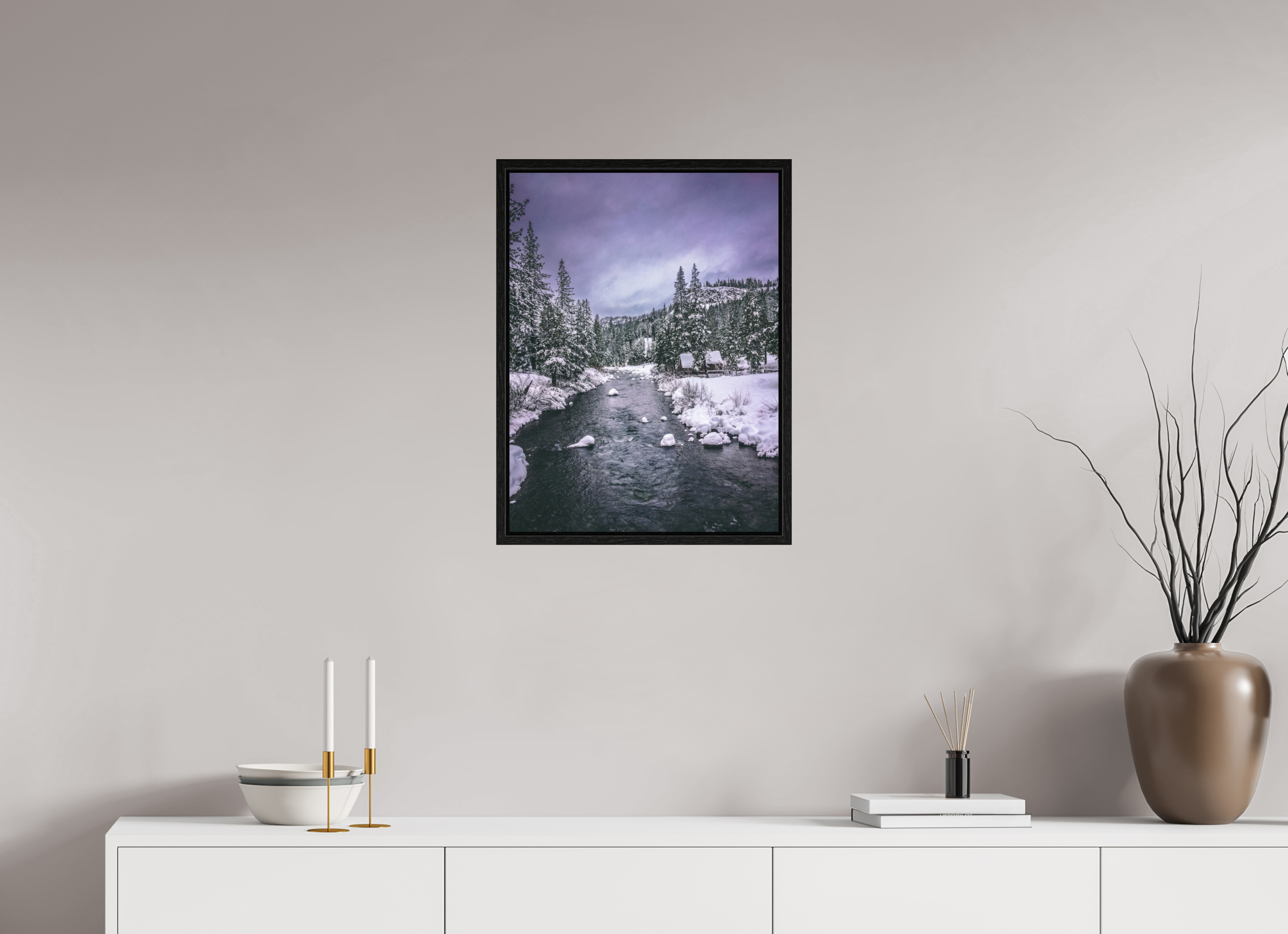 18 x 24″, Floater Frame Winter in Tahoe stream 02