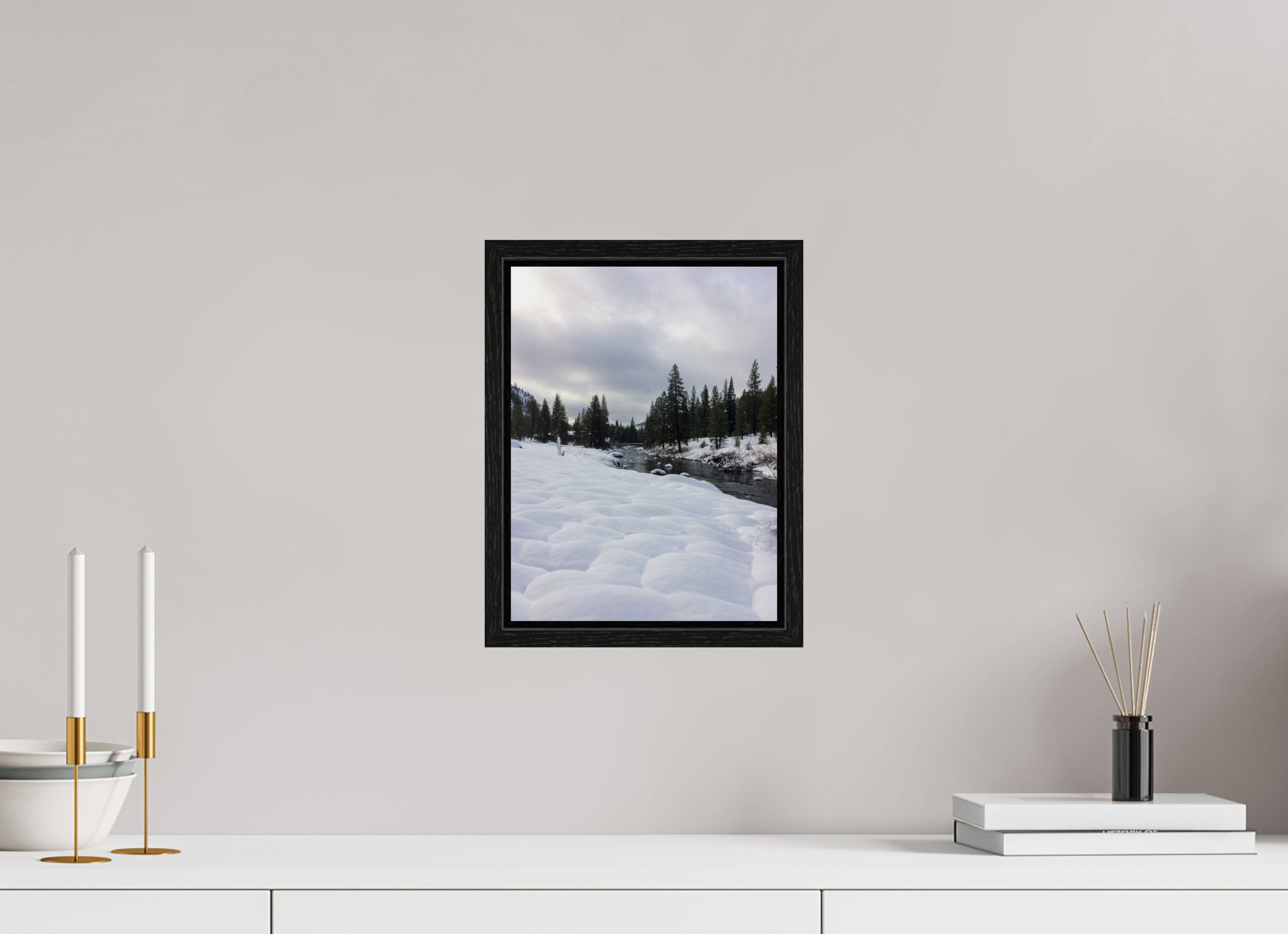 9 x 12″, Floater Frame Winter in Tahoe stream 01