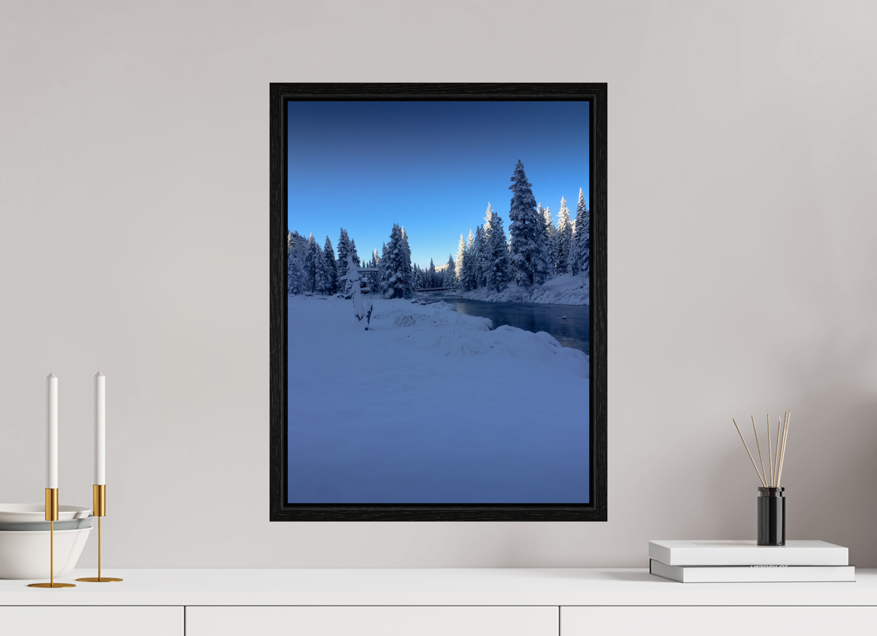 15 x 20″, Floater Frame Winter in Tahoe stream 04