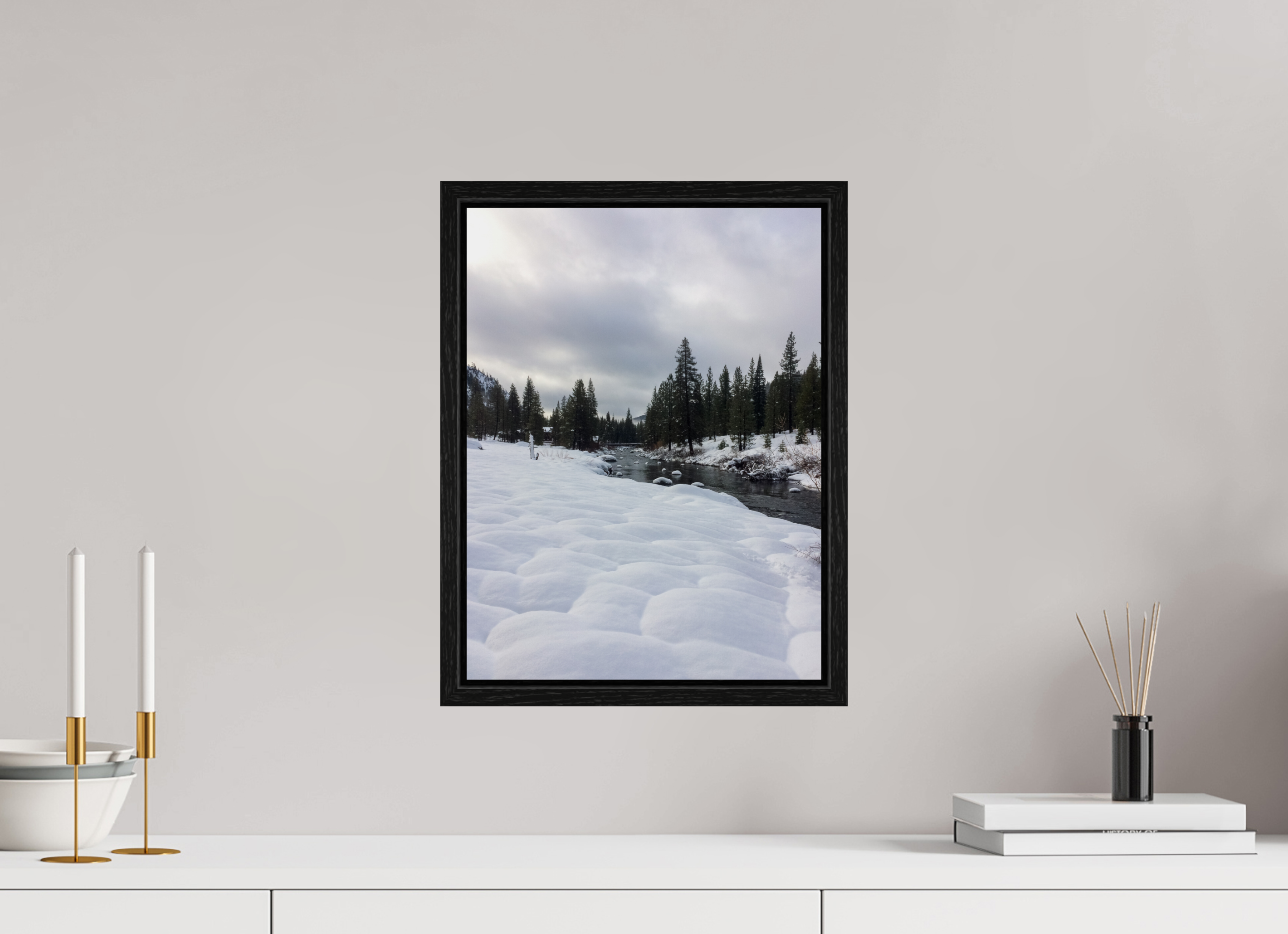 12 x 16″, Floater Frame Winter in Tahoe stream 01