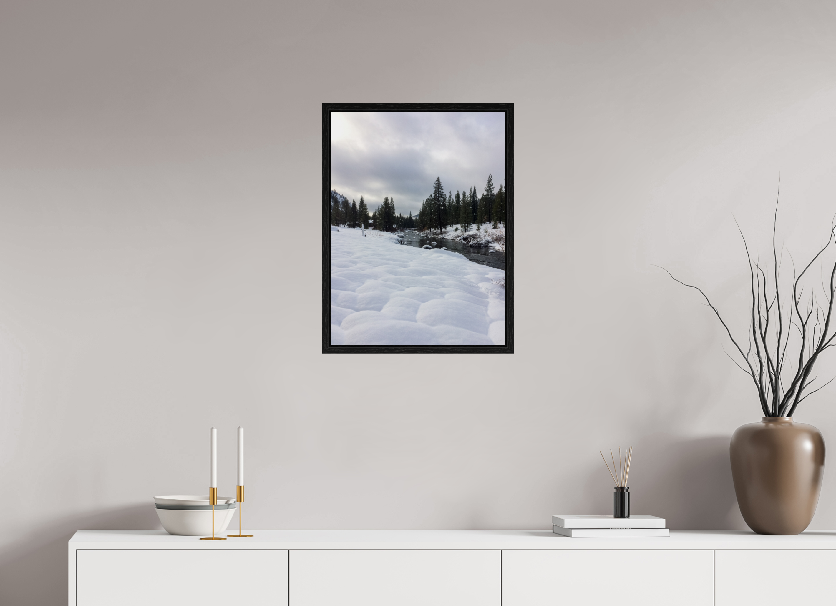 18 x 24″, Floater Frame Winter in Tahoe stream 01